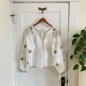 Calypso St. Barth Cream Geometric Embroidered Boho Peasant Blouse L